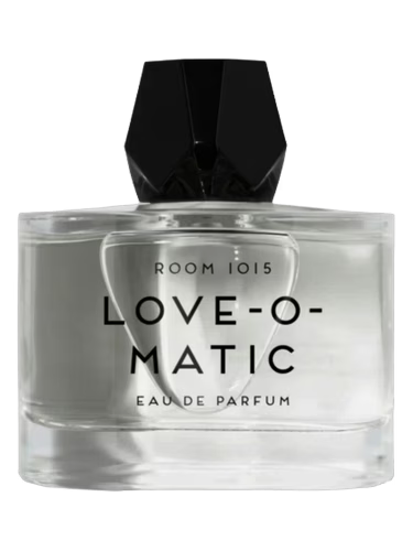 Clear perfume bottle labeled 'Love-O-Matic' by Room 1015 on a black background